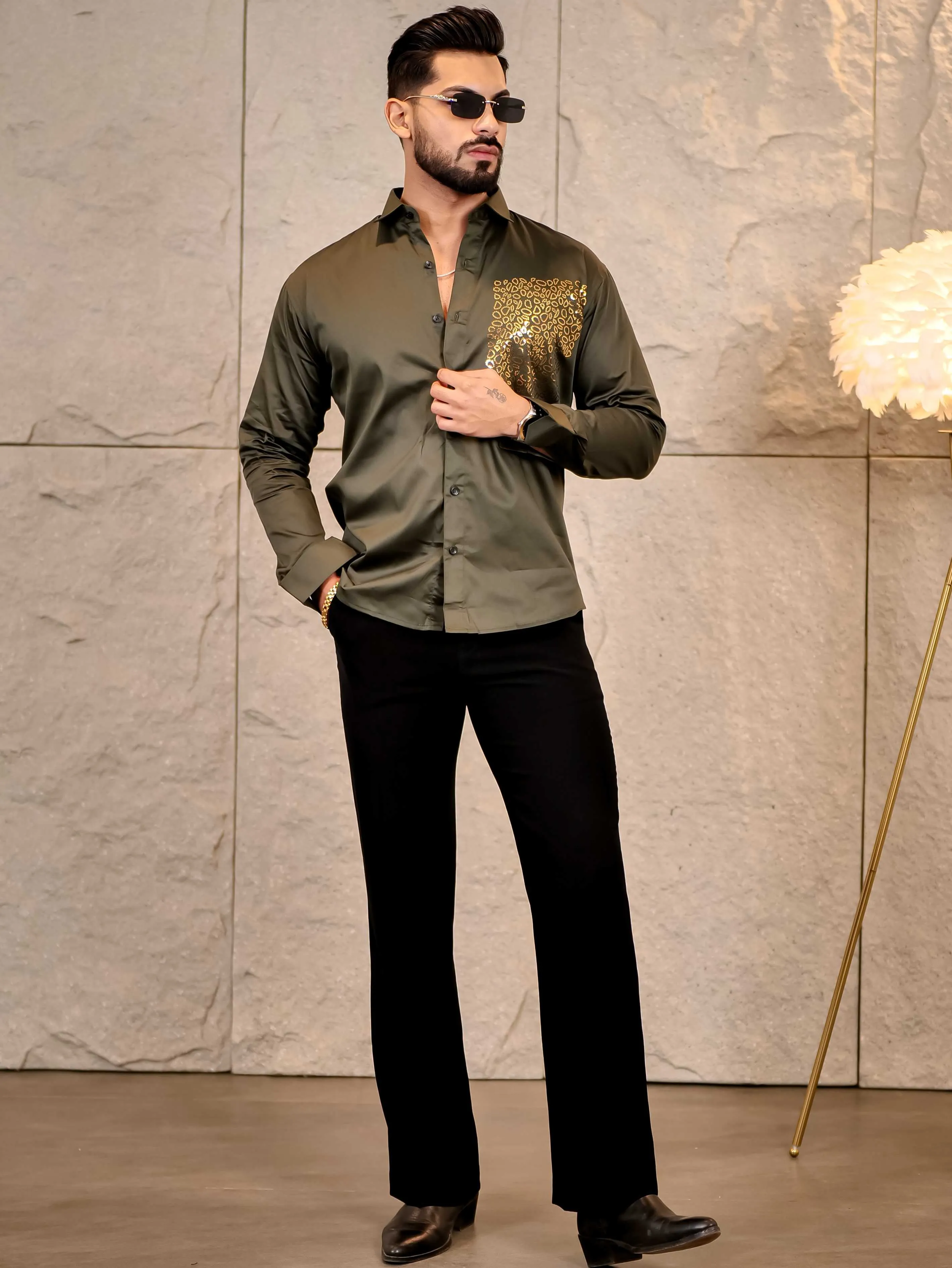 Cool Olive Green Sequence Club Wear Satin Cotton Party Shirt