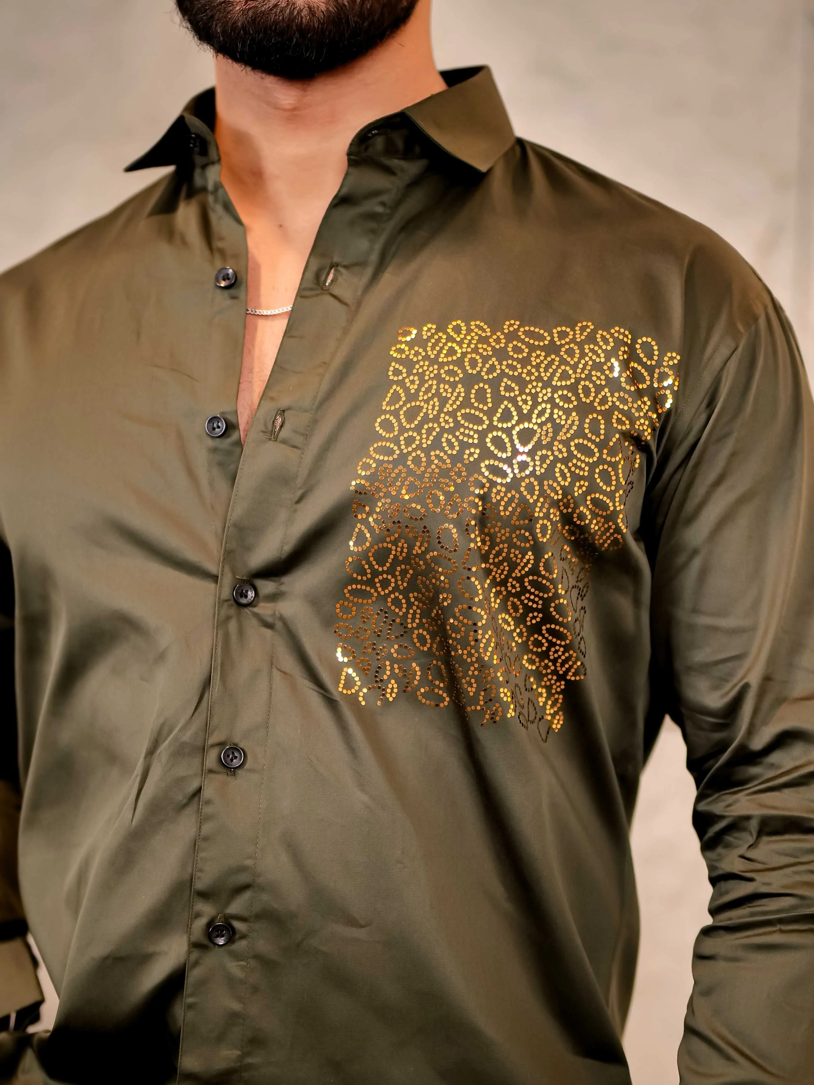 Cool Olive Green Sequence Club Wear Satin Cotton Party Shirt