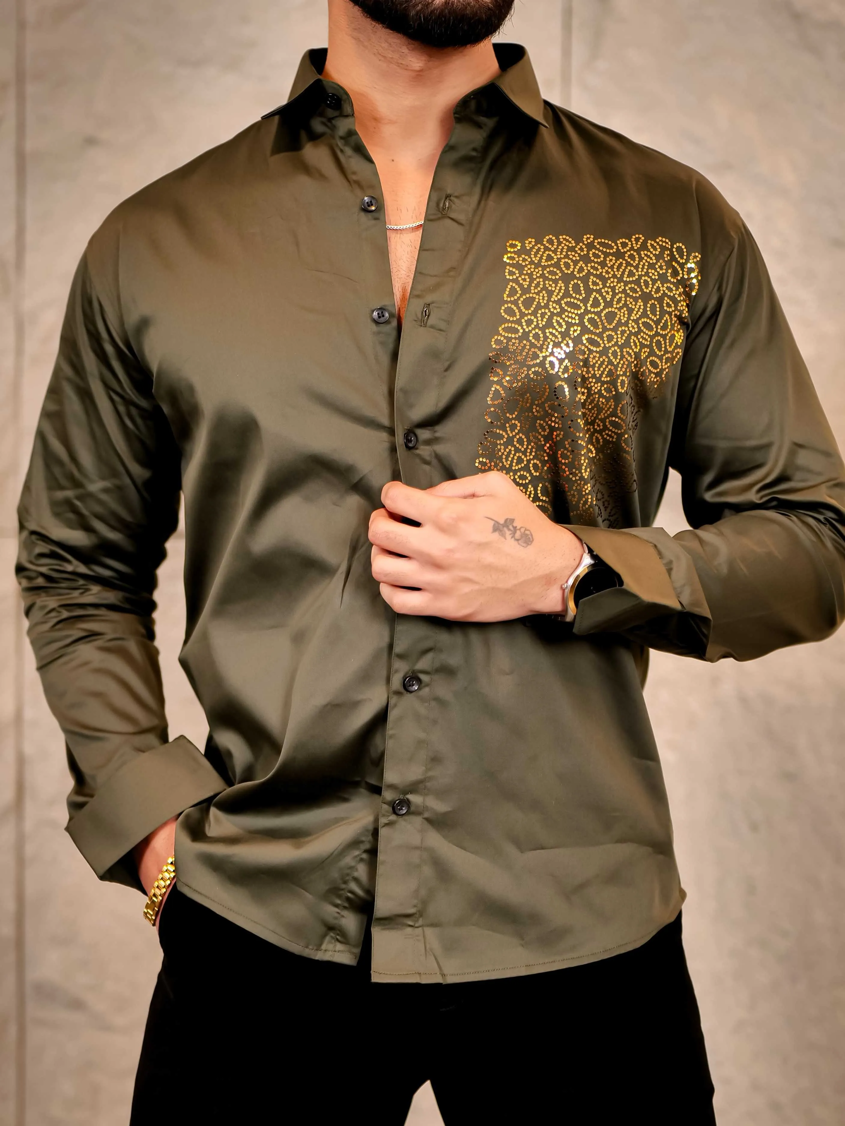 Cool Olive Green Sequence Club Wear Satin Cotton Party Shirt