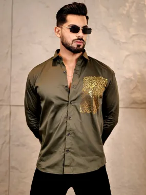 Cool Olive Green Sequence Club Wear Satin Cotton Party Shirt