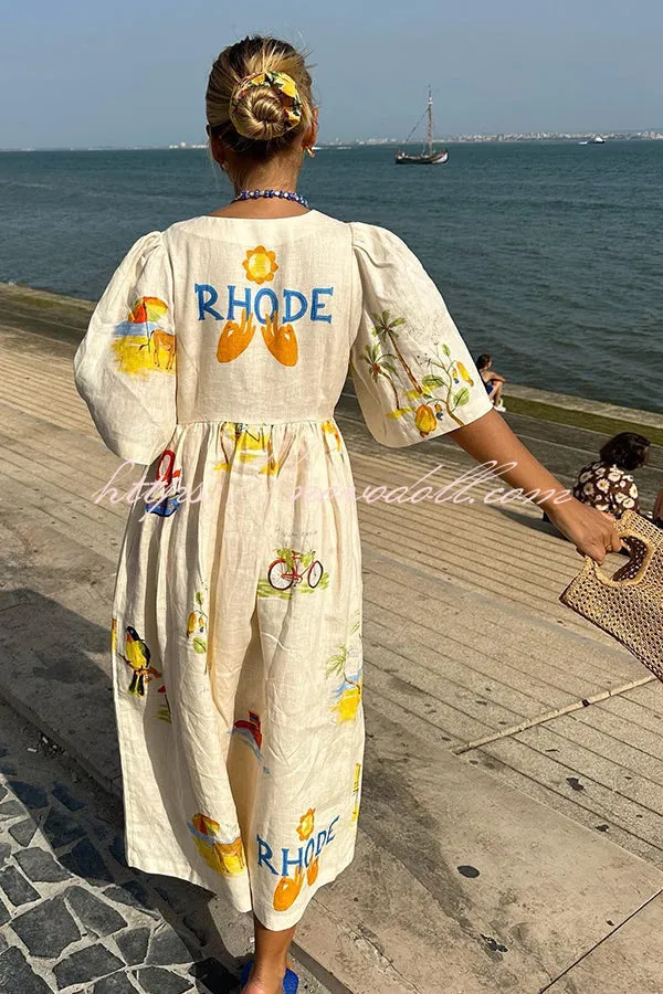 Cozy Summer Linen Blend Unique Print Button Puff Sleeve Loose Midi Dress