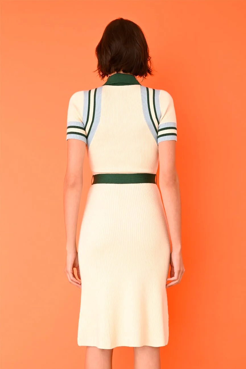 Cream Chevron Ribbed Midi Polo Dress