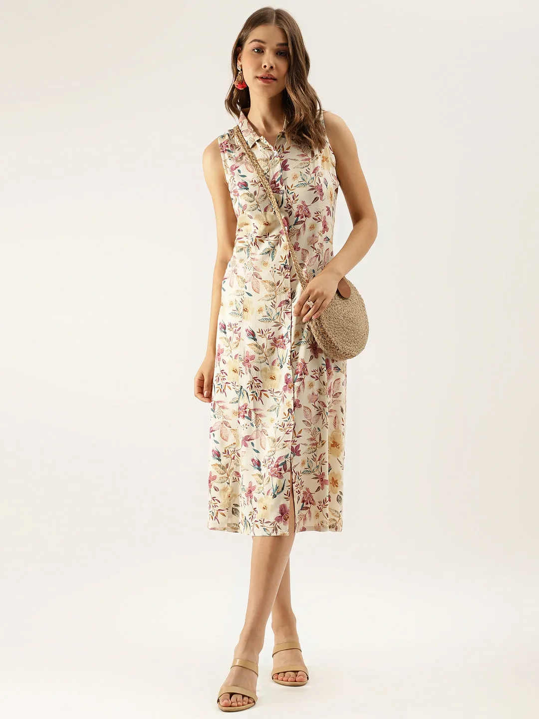 Cream Floral Printed Rayon Midi Dress with attached Sleeves