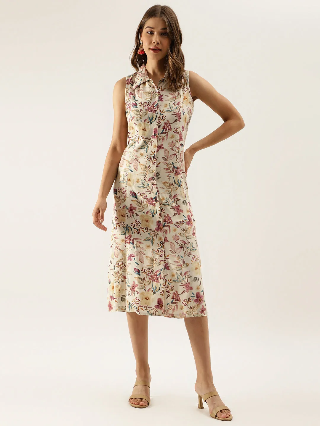 Cream Floral Printed Rayon Midi Dress with attached Sleeves