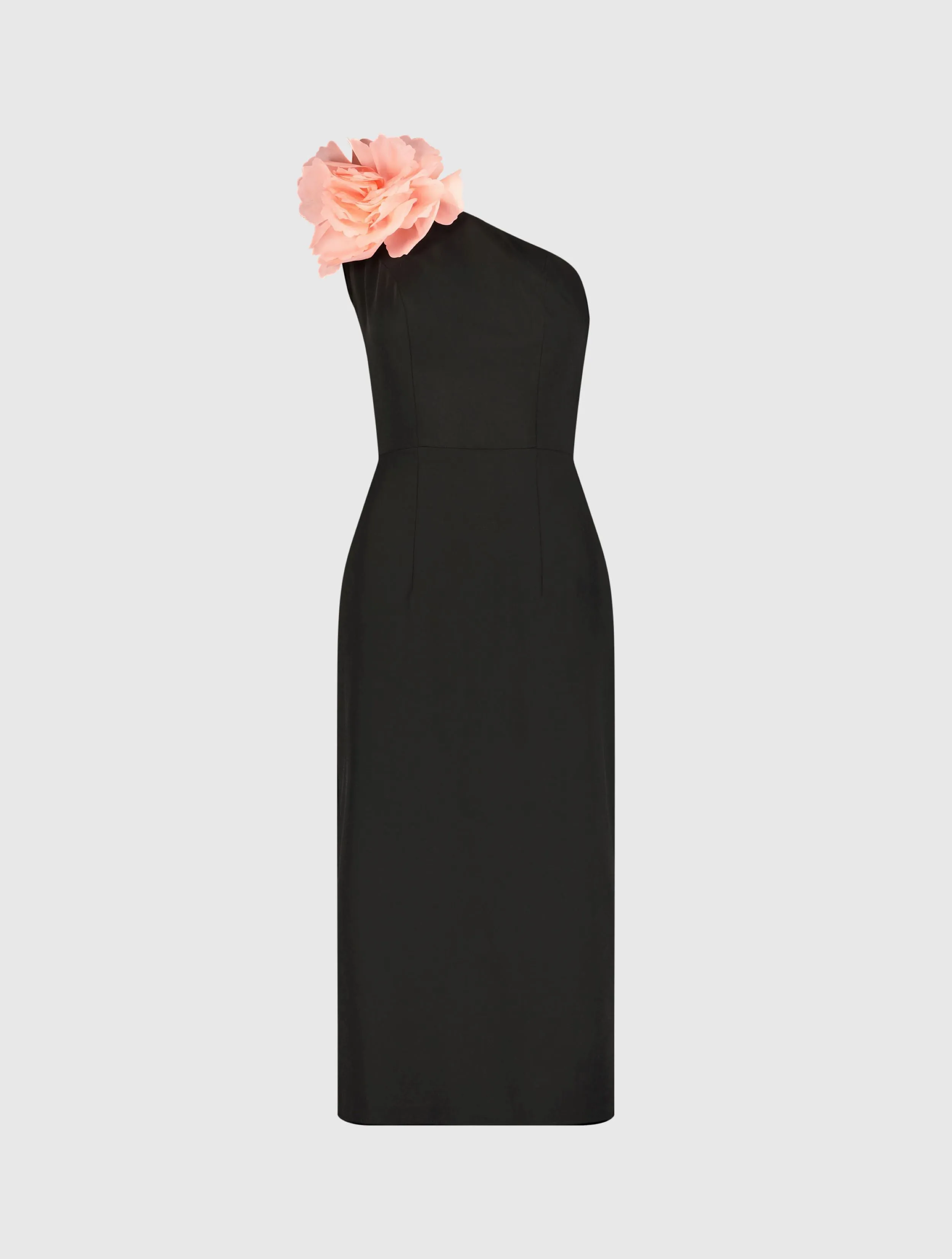 Crepe One Shoulder Midi Dress With Flower