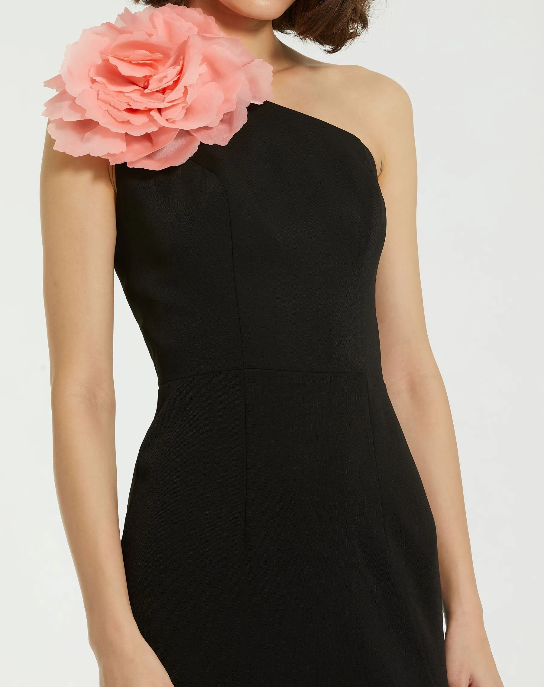 Crepe One Shoulder Midi Dress With Flower