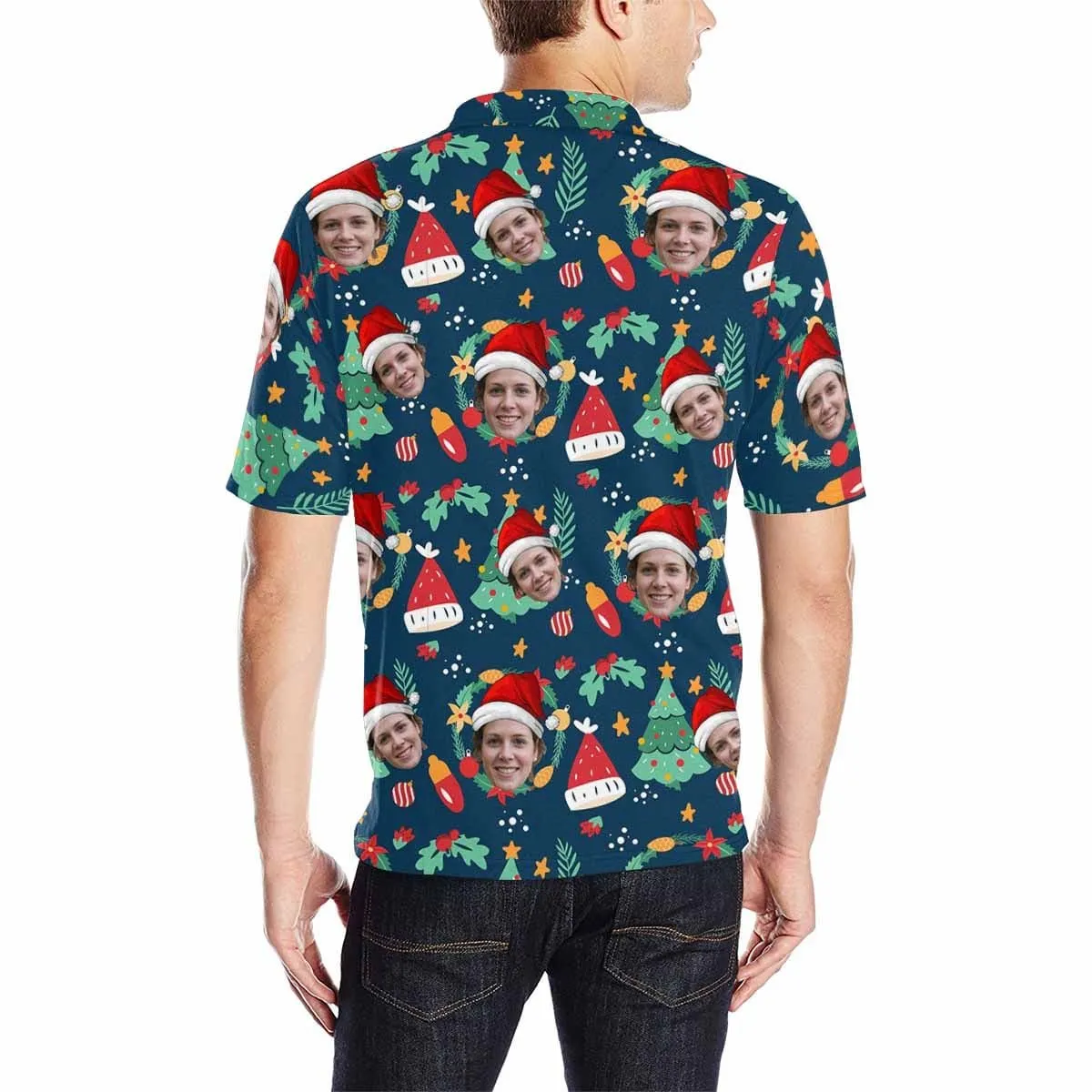 Custom Face Blue Christmas Santa Hat Polo Shirt Personalized Men's Golf Shirt