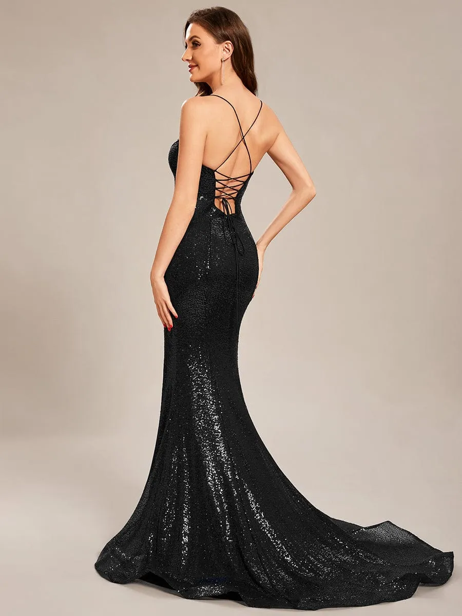 Custom Size Sequin Lace-up Back High Slit Mermaid Prom Dress