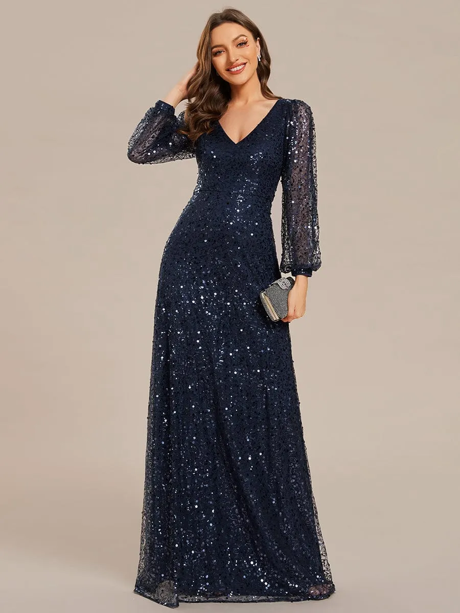 Custom Size Shimmering All Over V-Neck Long Lantern Sleeve Sequin A-Line Evening Dress