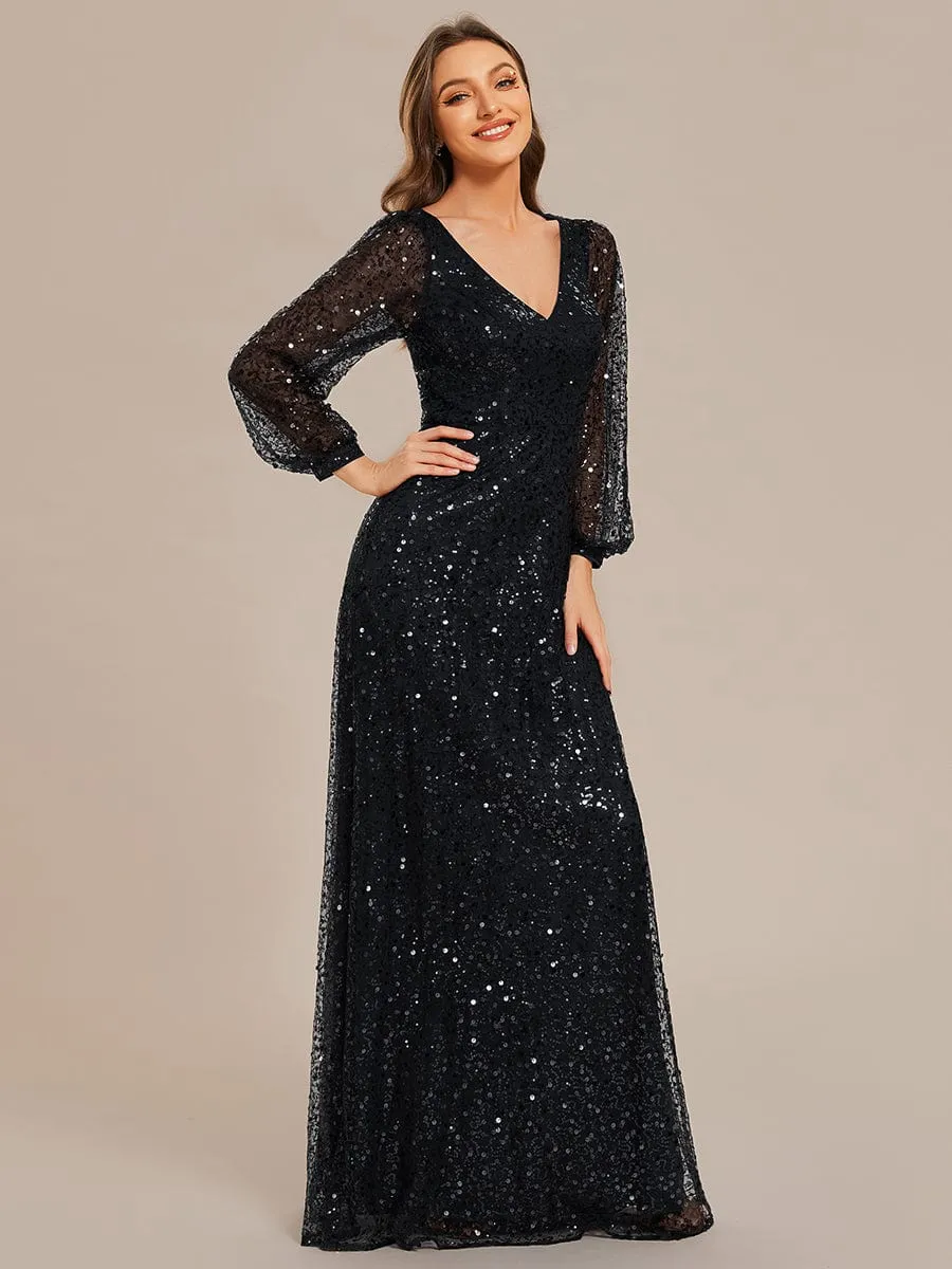 Custom Size Shimmering All Over V-Neck Long Lantern Sleeve Sequin A-Line Evening Dress