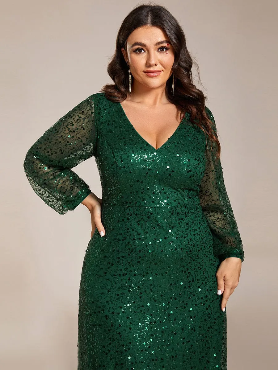 Custom Size Shimmering All Over V-Neck Long Lantern Sleeve Sequin A-Line Evening Dress