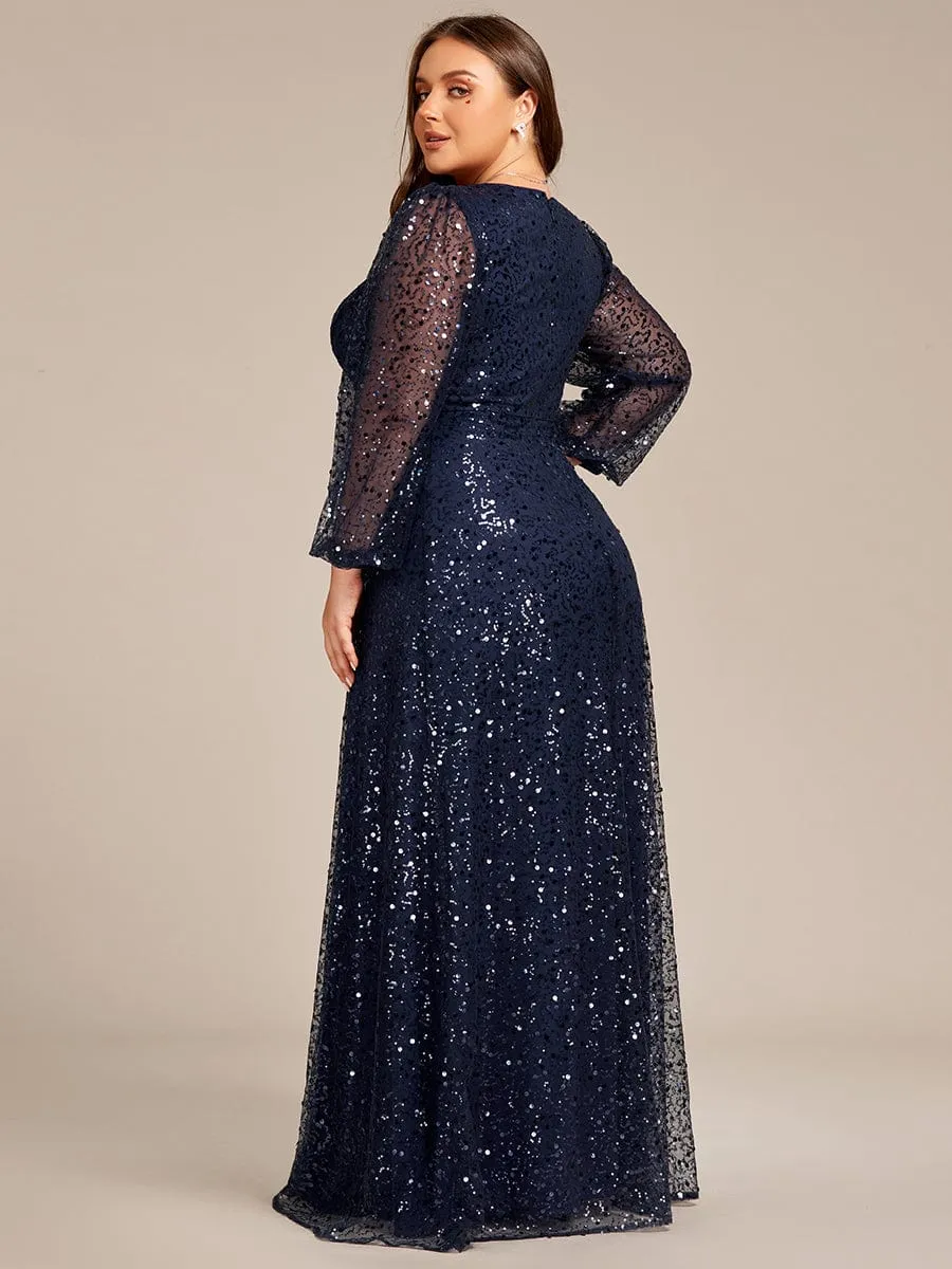 Custom Size Shimmering All Over V-Neck Long Lantern Sleeve Sequin A-Line Evening Dress