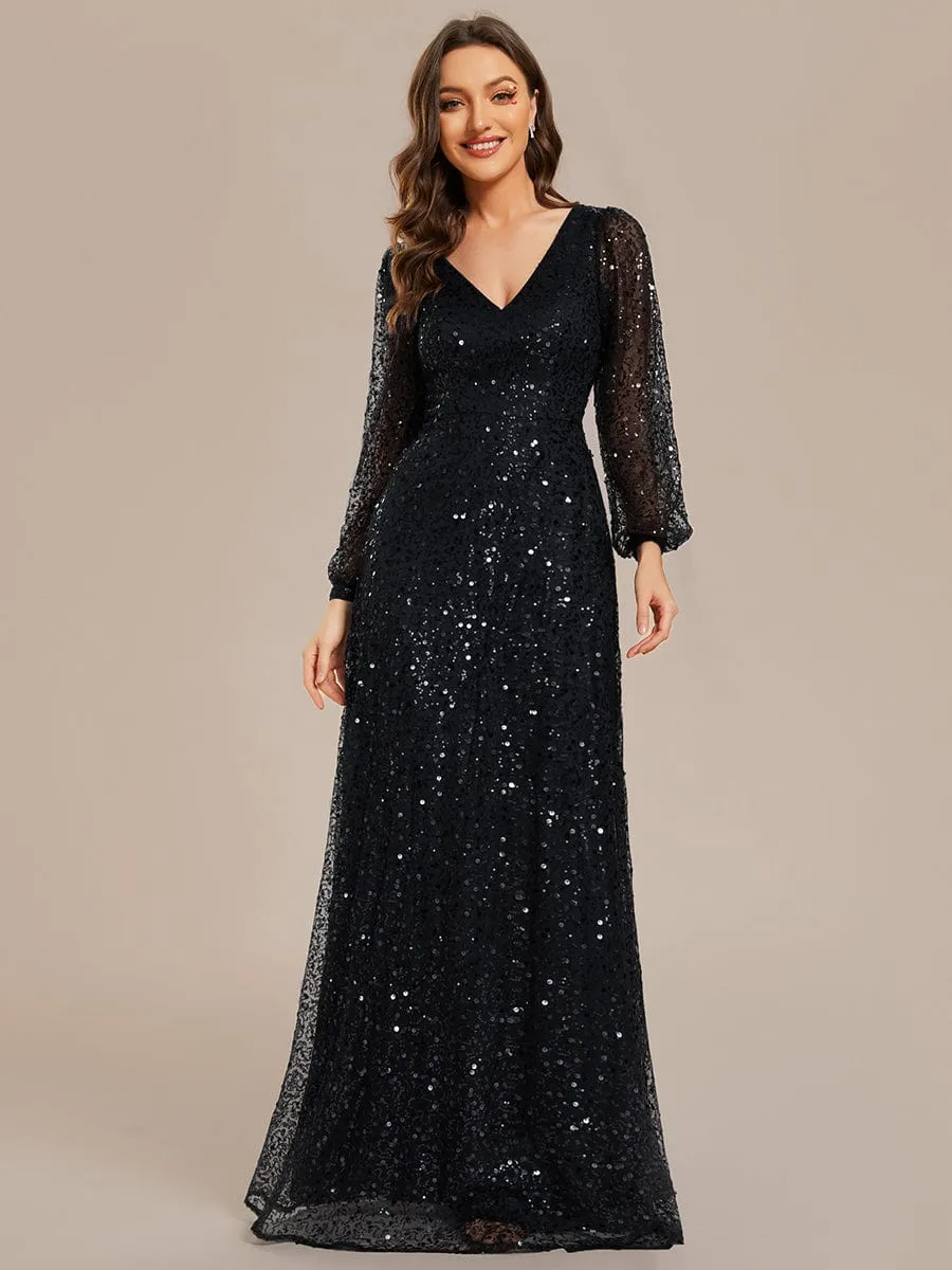 Custom Size Shimmering All Over V-Neck Long Lantern Sleeve Sequin A-Line Evening Dress