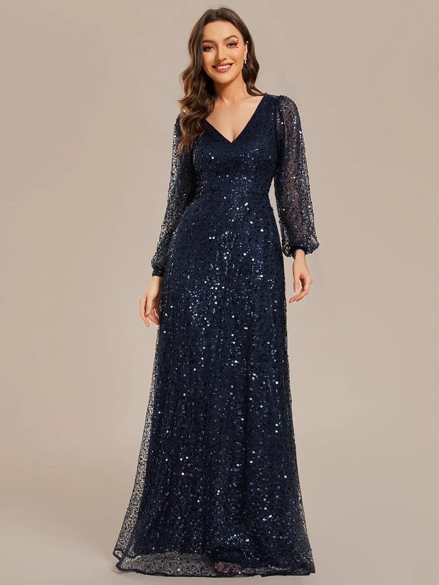 Custom Size Shimmering All Over V-Neck Long Lantern Sleeve Sequin A-Line Evening Dress