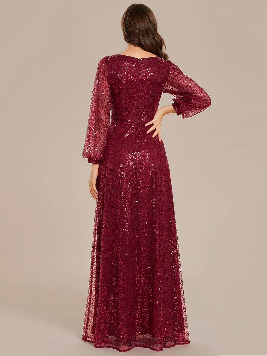 Custom Size Shimmering All Over V-Neck Long Lantern Sleeve Sequin A-Line Evening Dress