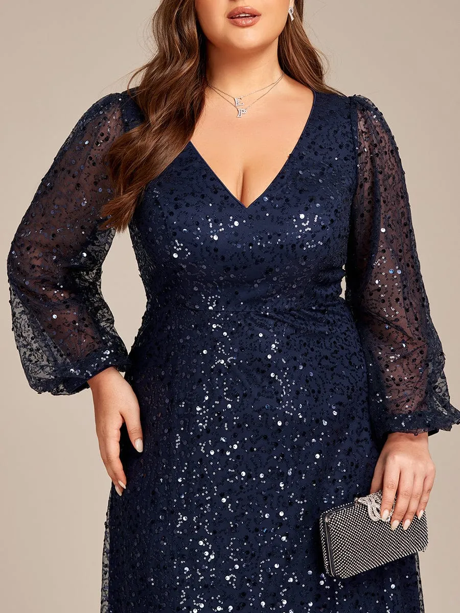 Custom Size Shimmering All Over V-Neck Long Lantern Sleeve Sequin A-Line Evening Dress