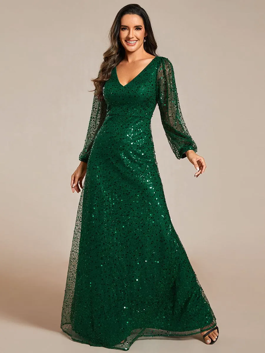 Custom Size Shimmering All Over V-Neck Long Lantern Sleeve Sequin A-Line Evening Dress