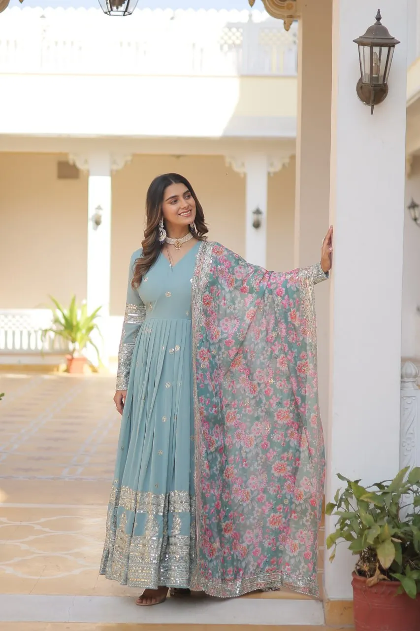 Cyan Grey Exquisite Premium Designer Faux Georgette Gown with Embroidered Zari Sequins and Tabby Silk Dupatta