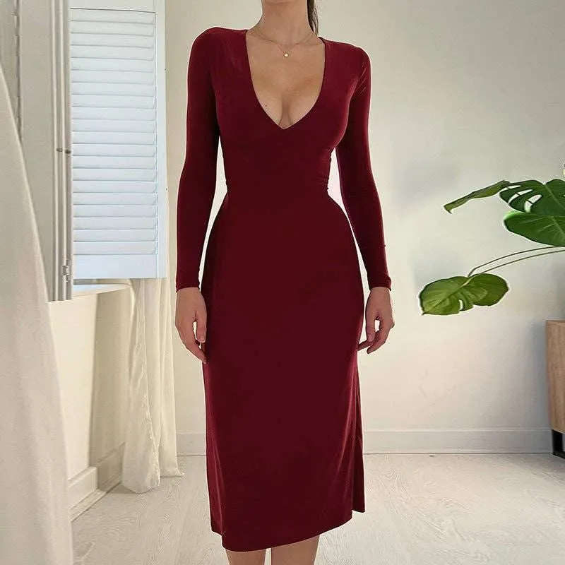 Deep V-Neck String Tie Solid Color Daily Dress FY22424S