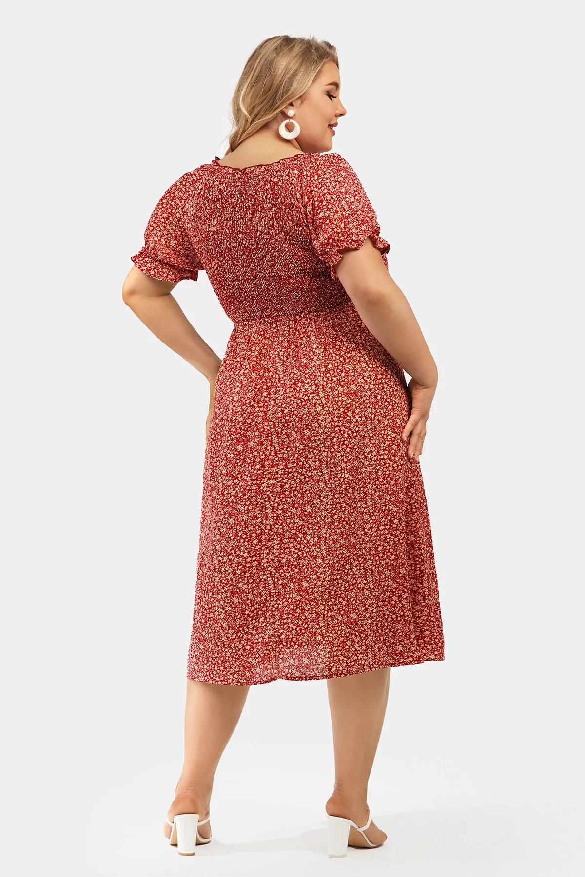 Disty Floral Square Neck Puff Sleeves Midi Dress