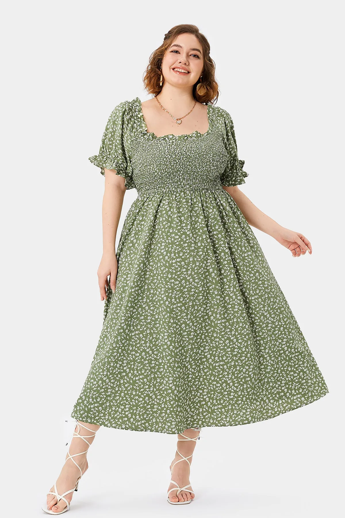 Disty Floral Square Neck Puff Sleeves Midi Dress