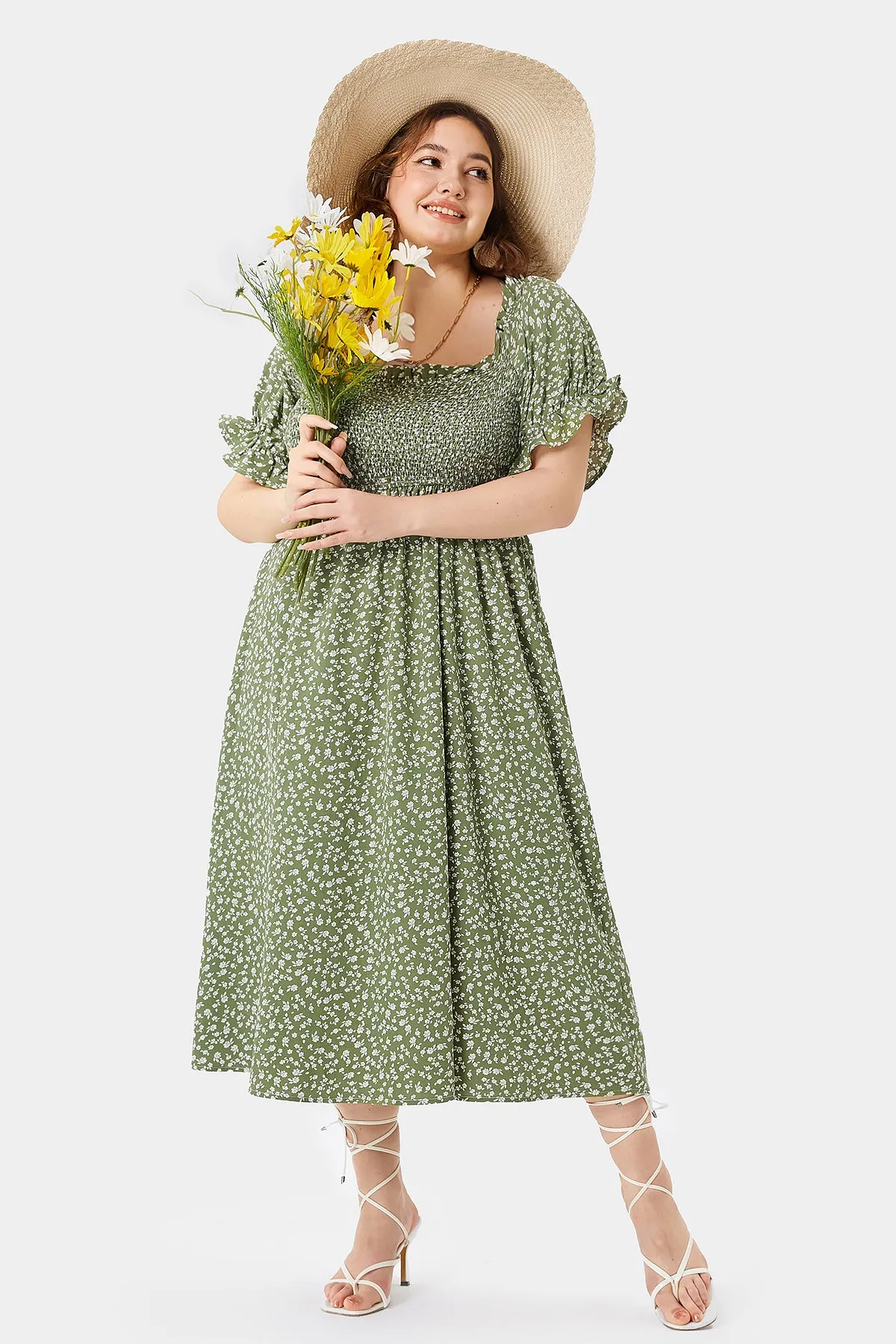 Disty Floral Square Neck Puff Sleeves Midi Dress