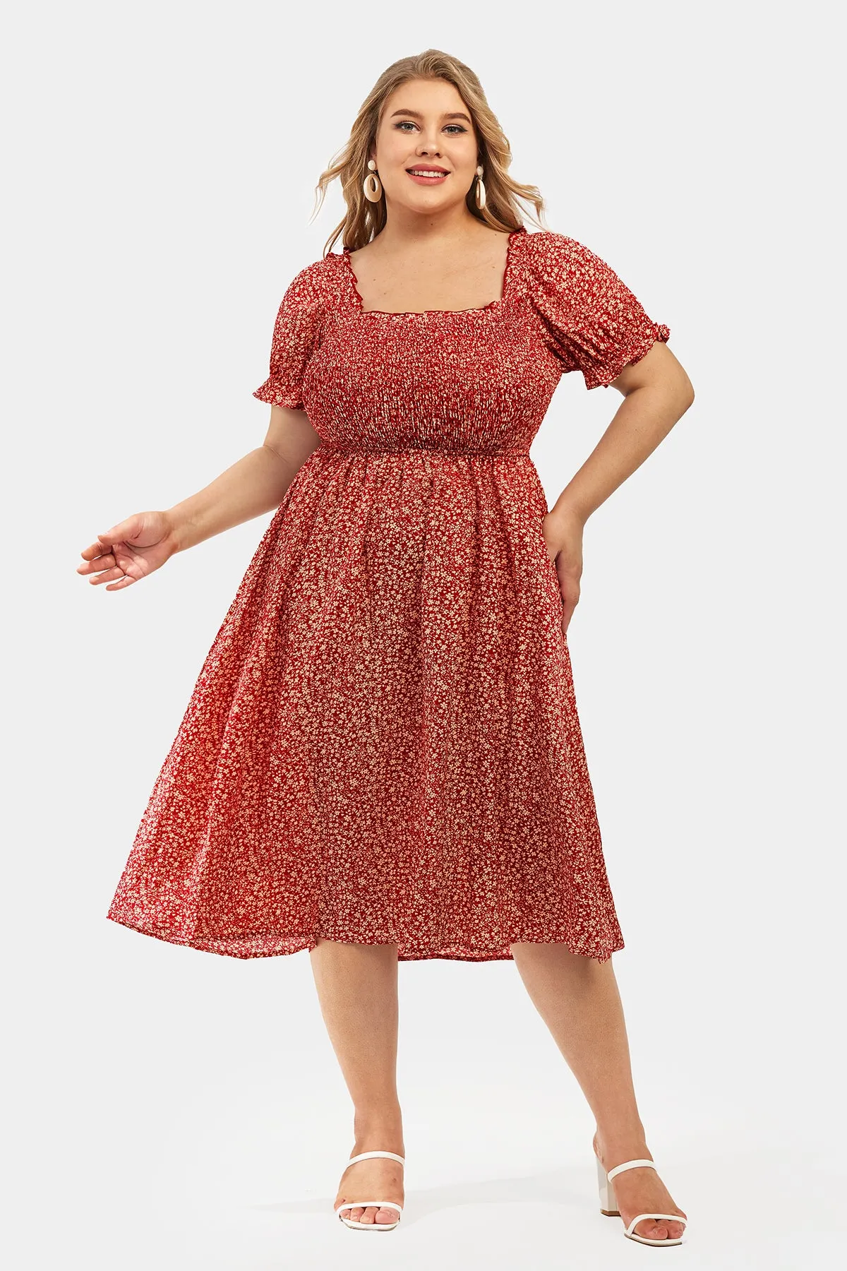 Disty Floral Square Neck Puff Sleeves Midi Dress