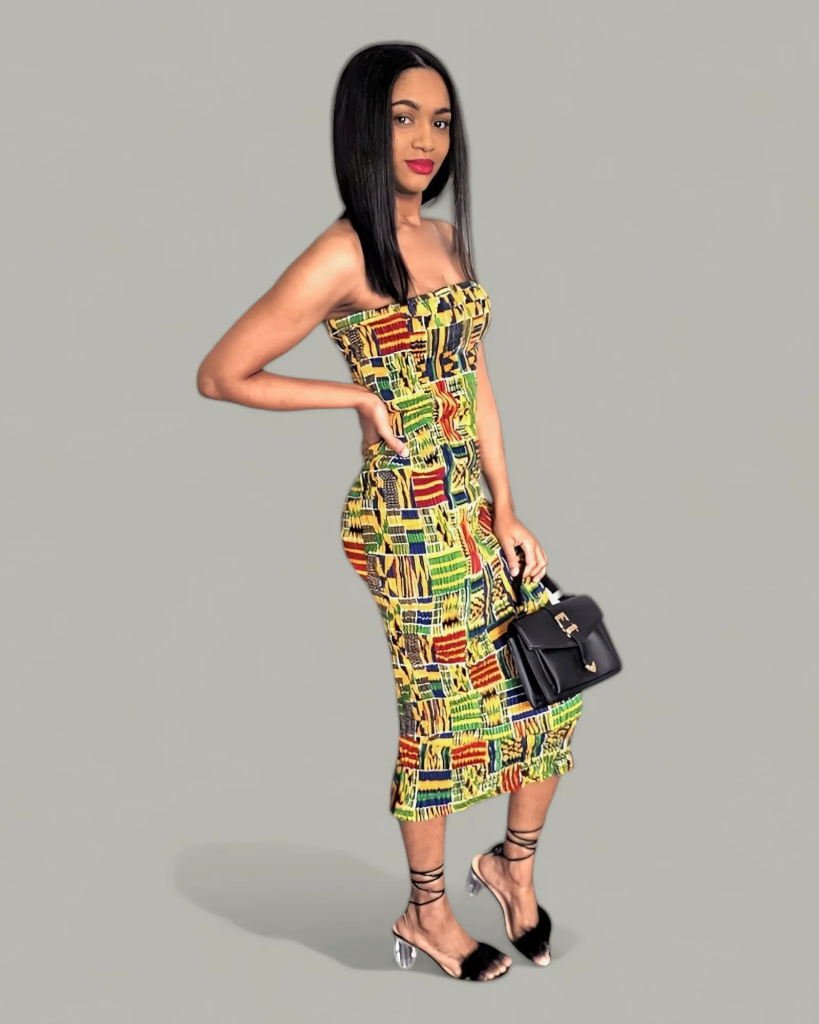 Dupsie's Asantewaah Majesty African print Kente strapless dress with slit-DP4075SD