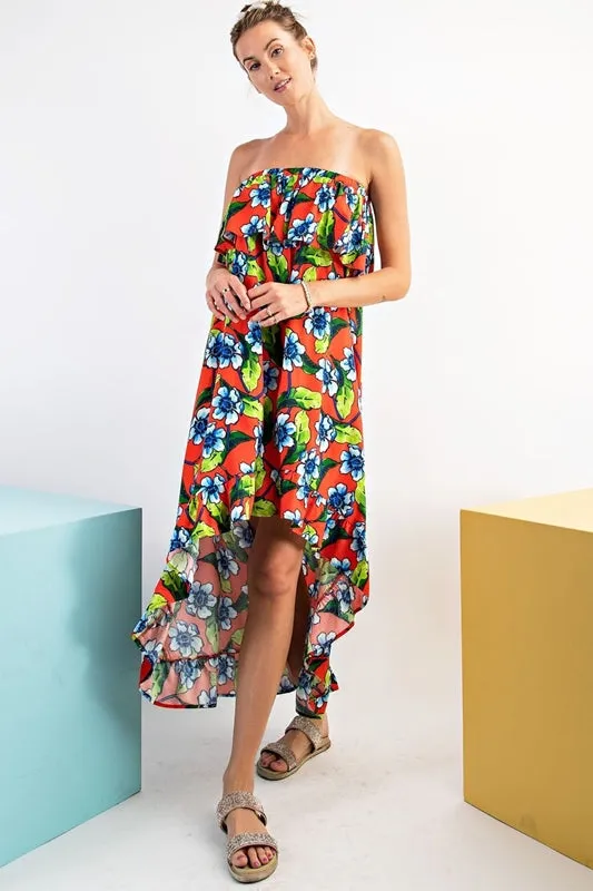 Easel Floral Hi Low Strapless Dress - Red