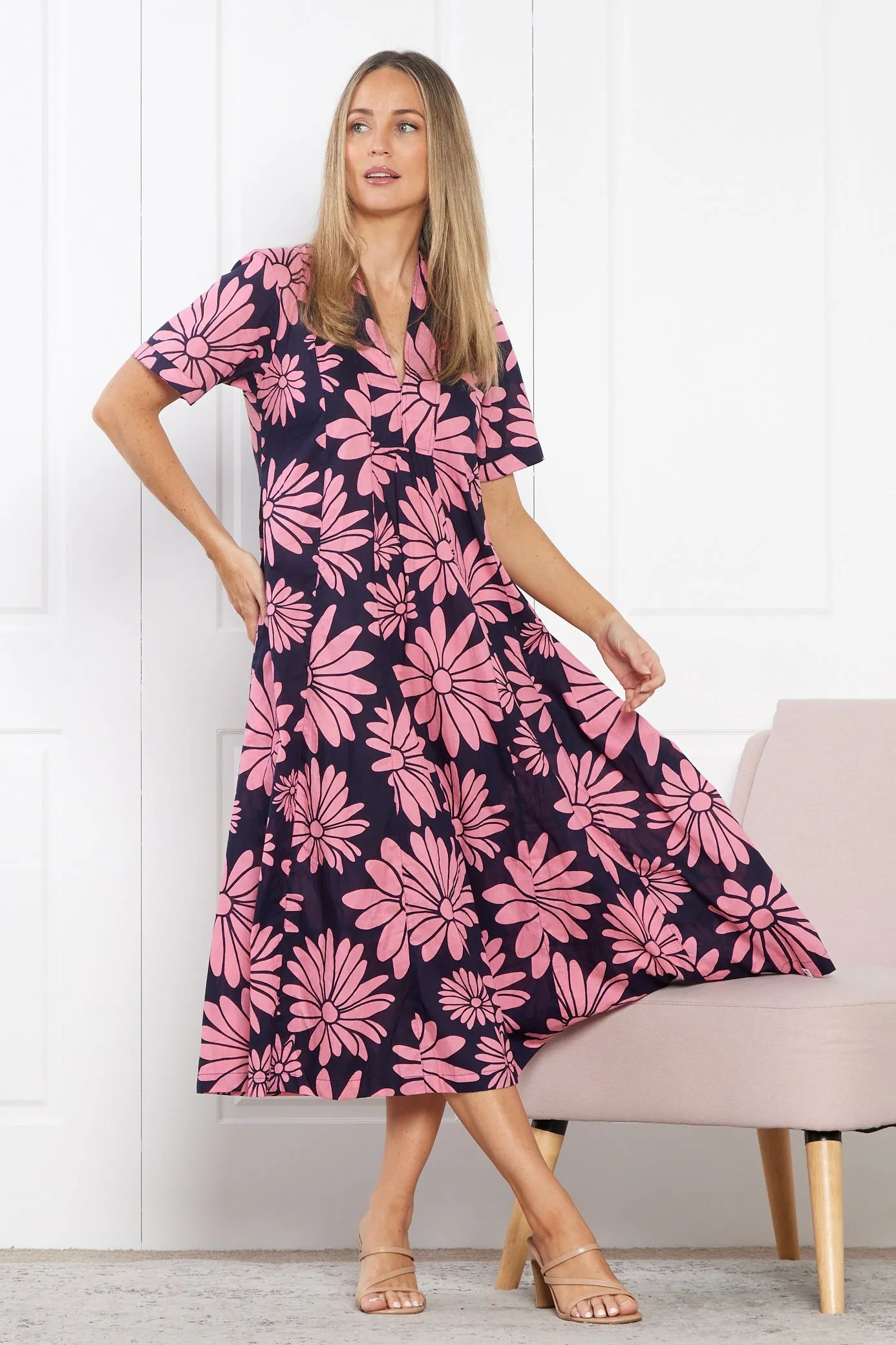 Edmonton Midi Dress - Navy Pink Floral