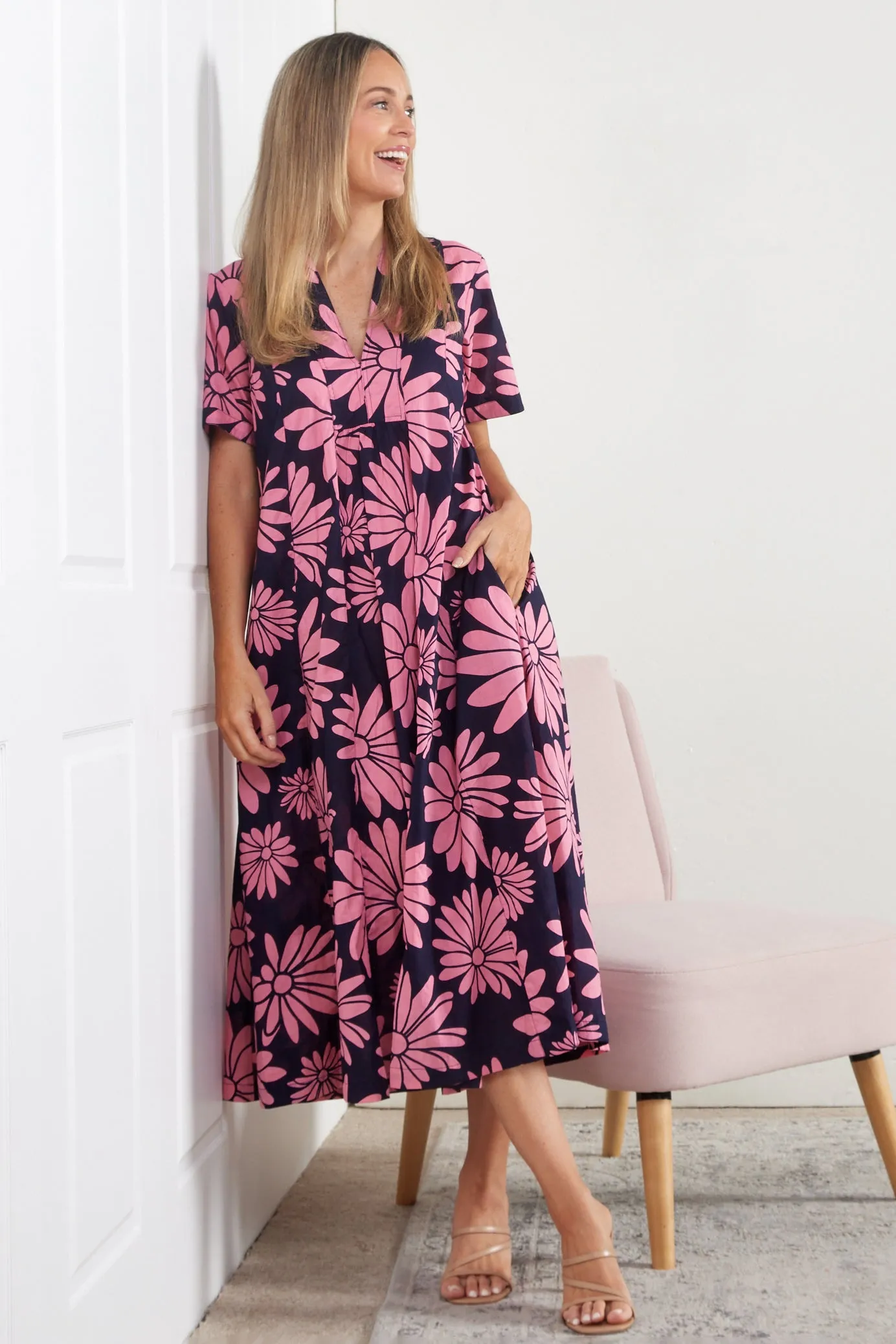 Edmonton Midi Dress - Navy Pink Floral