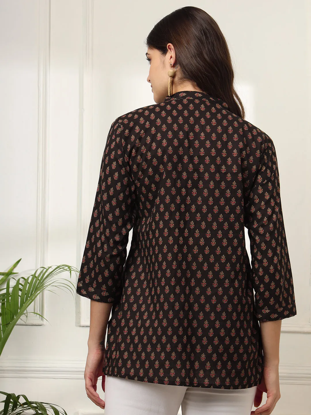 Ekisha's women black designer printed cotton tunic top short kurti