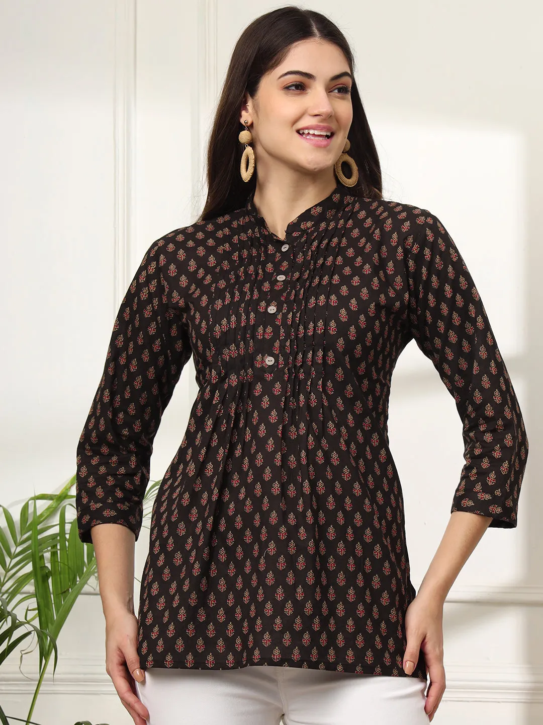 Ekisha's women black designer printed cotton tunic top short kurti