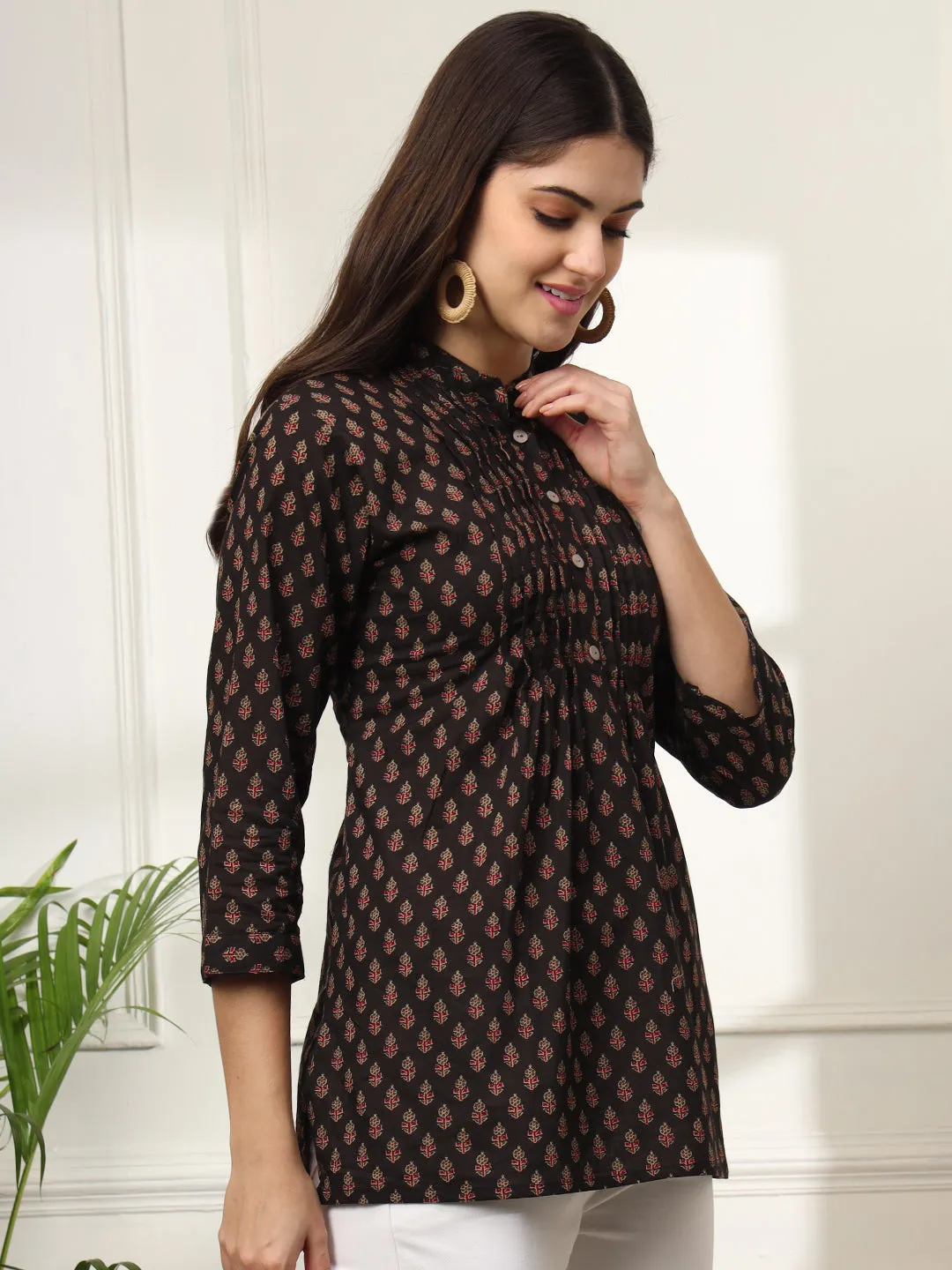 Ekisha's women black designer printed cotton tunic top short kurti