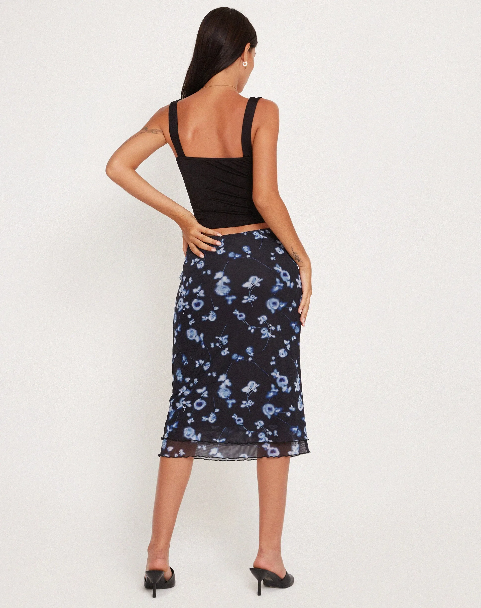 Eldonia Midi Skirt in Mesh Navy Diffused Floral