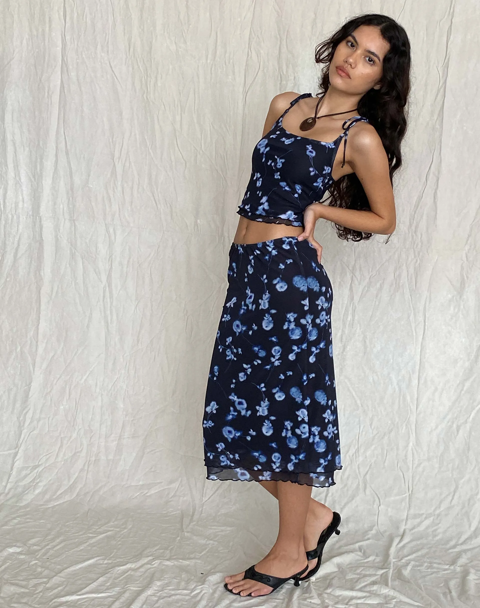 Eldonia Midi Skirt in Mesh Navy Diffused Floral