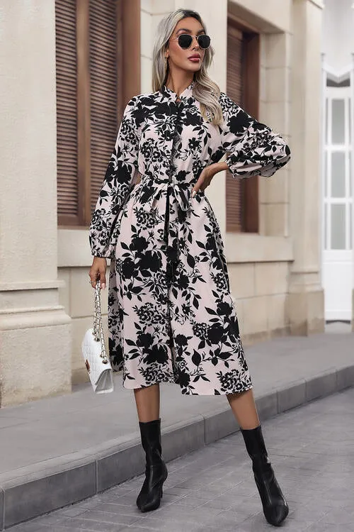 Elegant Ivory Floral Tie Waist Dress