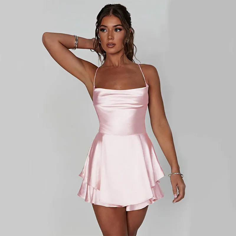 Elegant Slim Strap Satin Backless Lace Up A-Line Short Dress