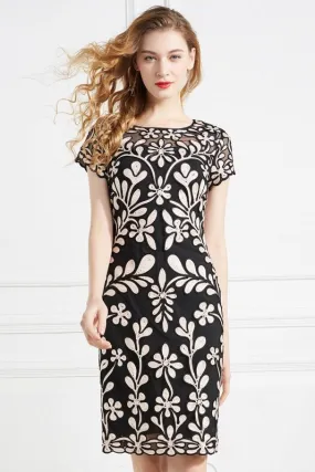 Embroidered Fitted Midi Dress