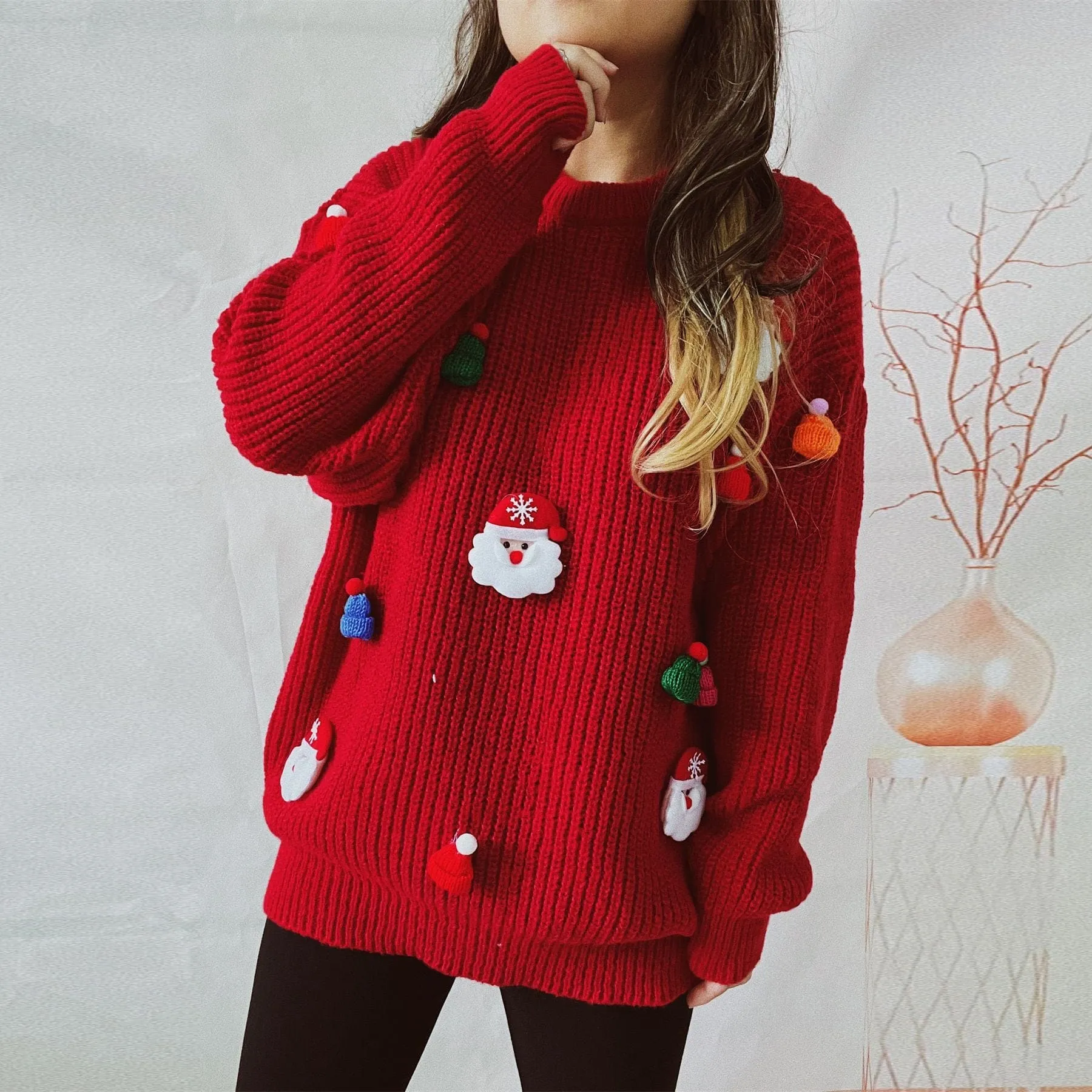 Embroidered Santa Pullover Sweater