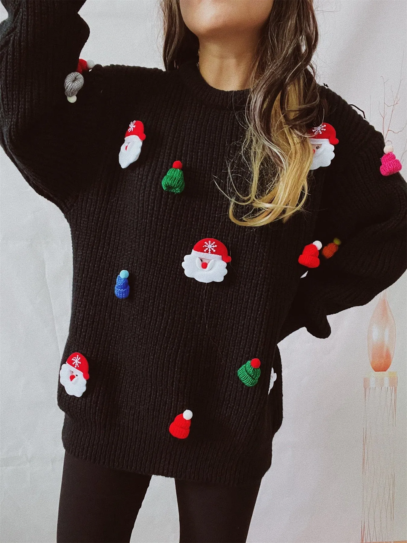 Embroidered Santa Pullover Sweater