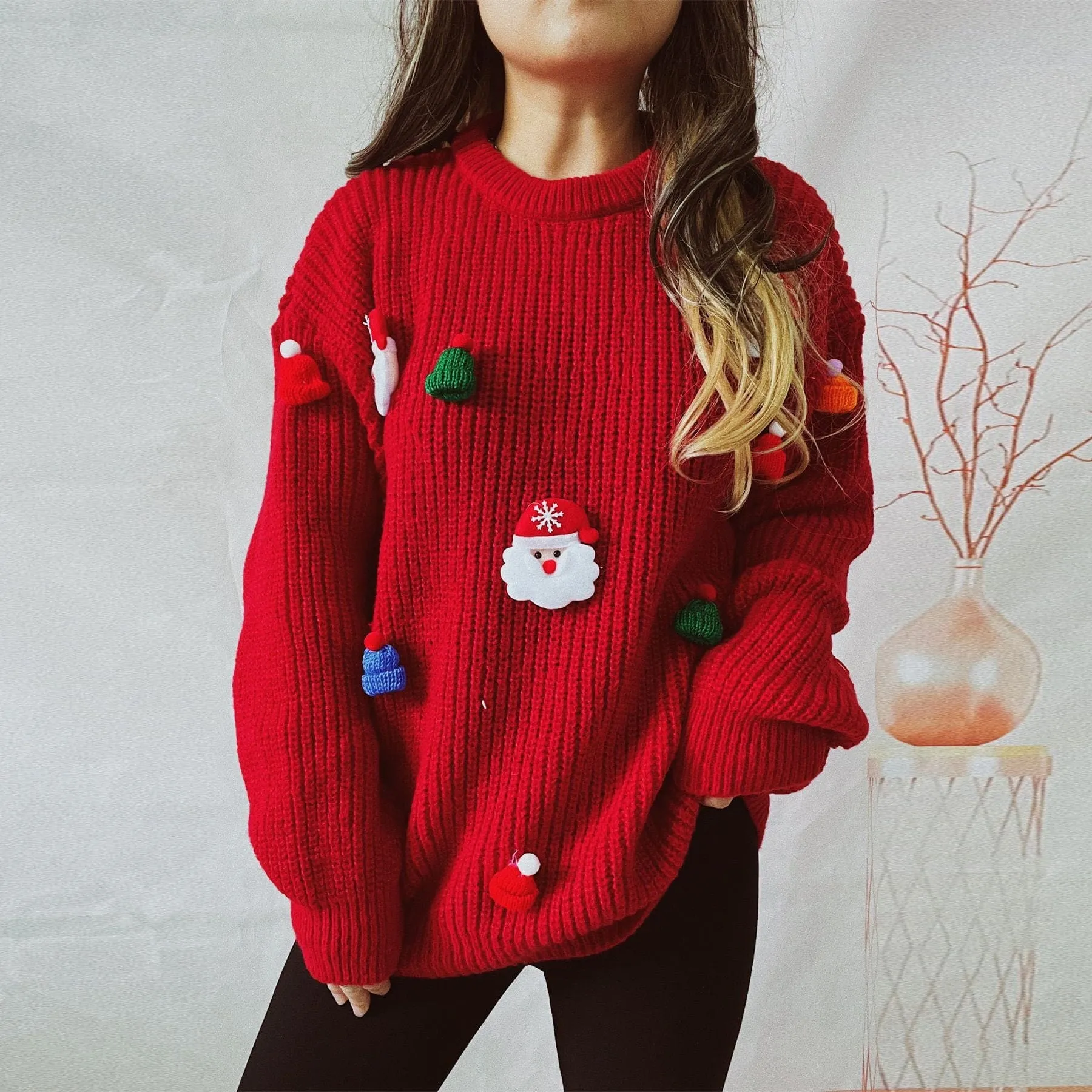 Embroidered Santa Pullover Sweater