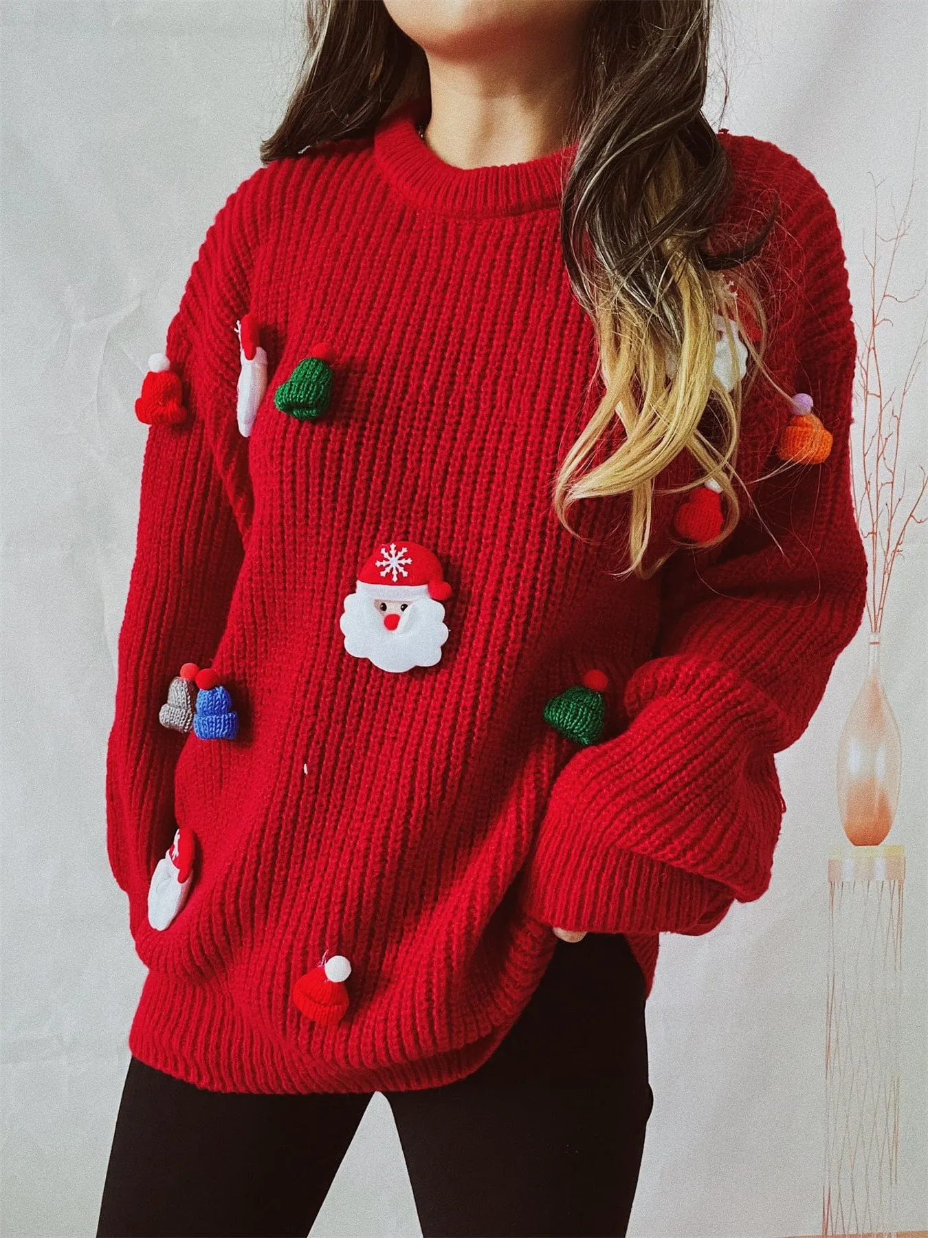 Embroidered Santa Pullover Sweater