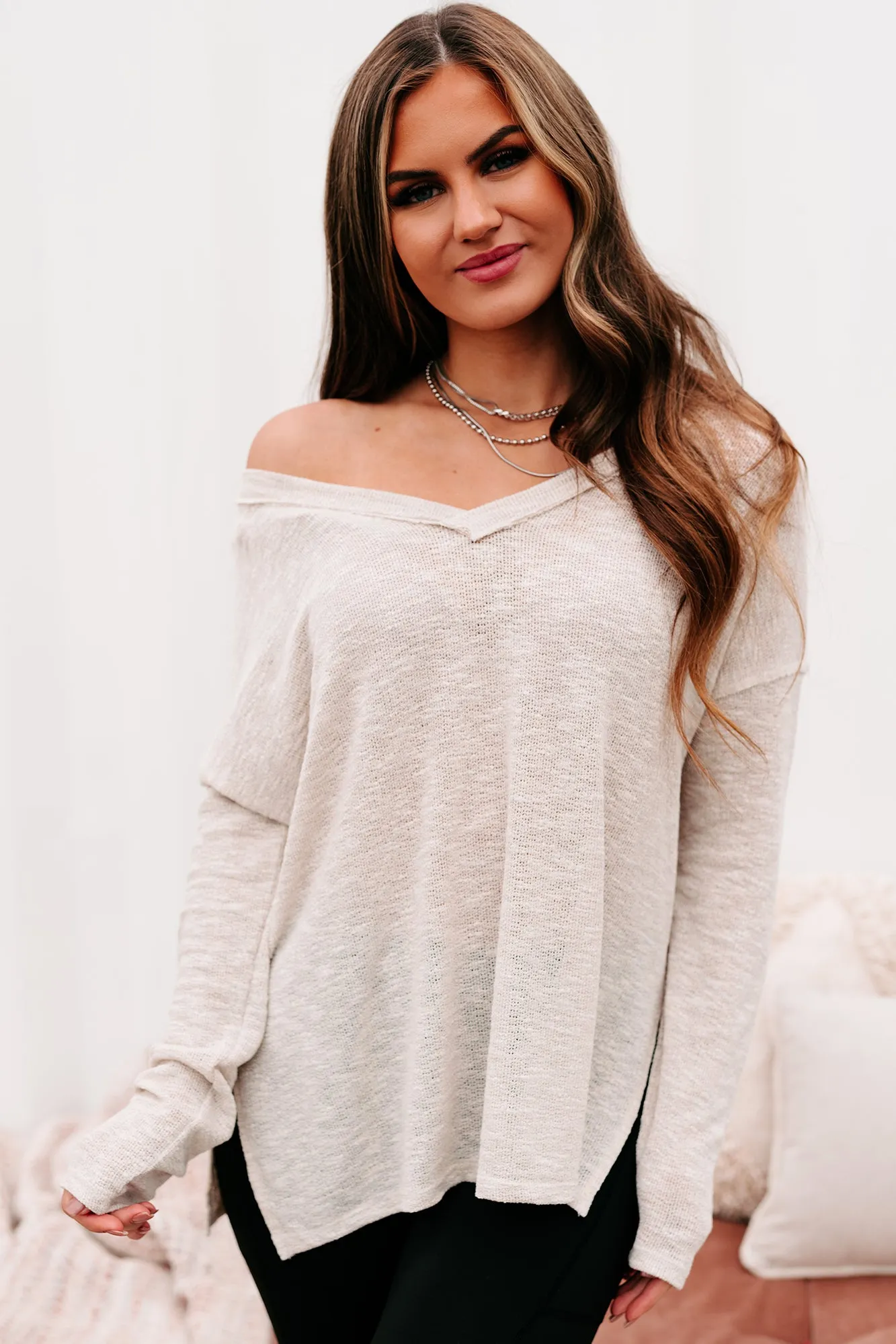 Everyday Excellence Slub Knit V-Neck Top (Oatmeal)