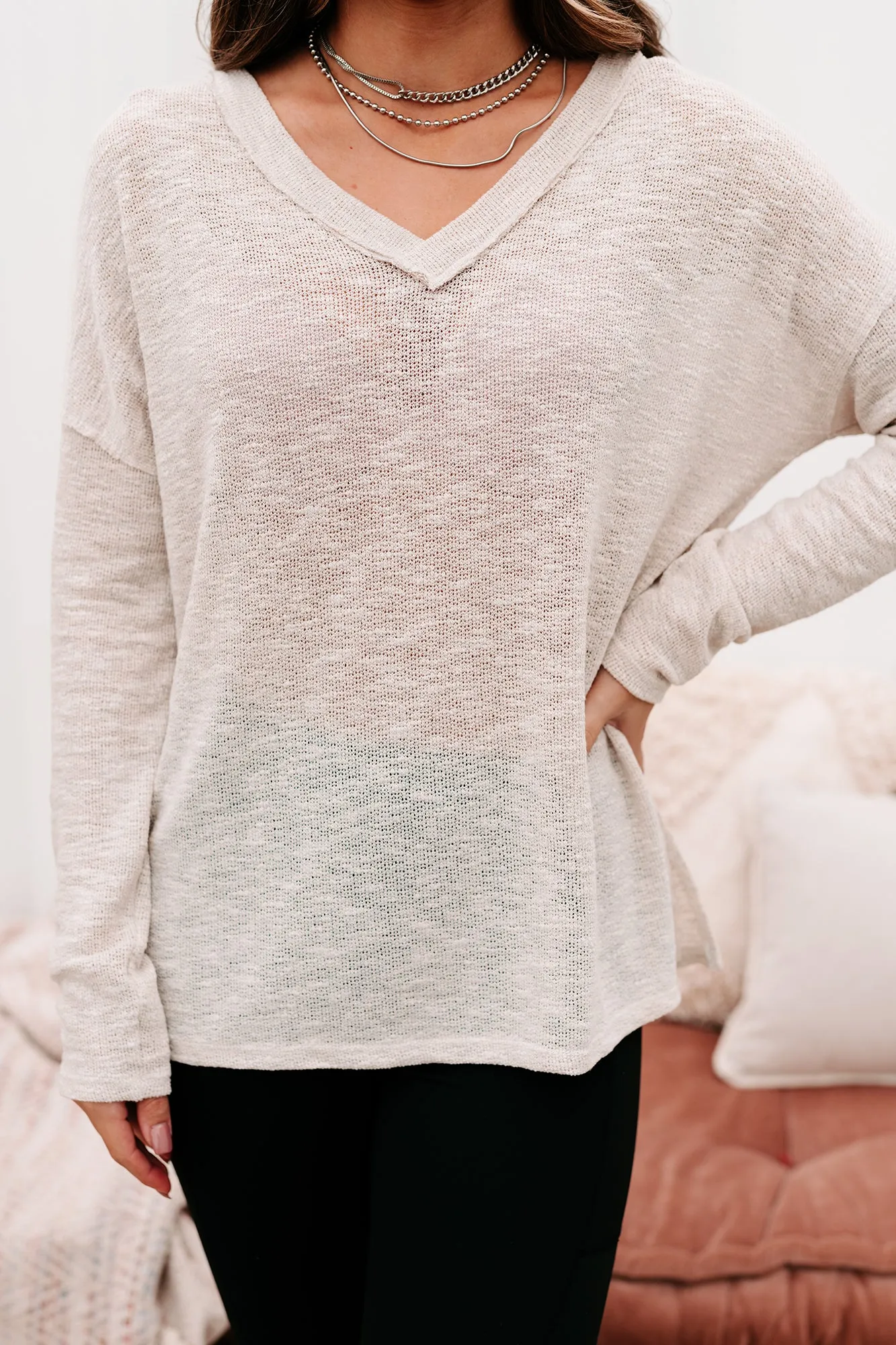 Everyday Excellence Slub Knit V-Neck Top (Oatmeal)