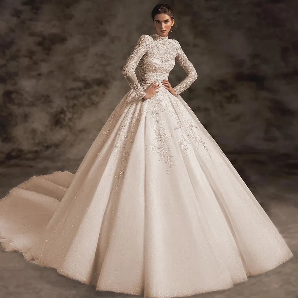 Exquisite Appliques Beaded Lace Vintage A-Line Wedding Dress Luxury High Neck Long Sleeve Court Train