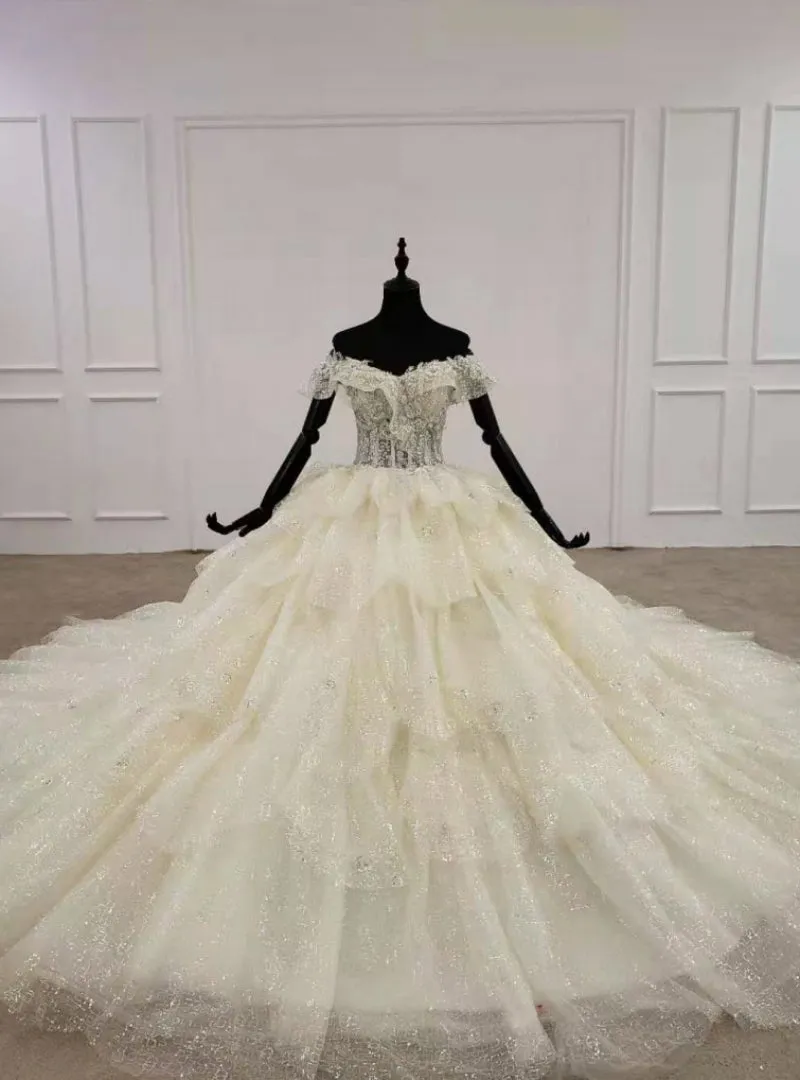 Exquisite Champagne Ball Gown Tulle Sequins Off the Shoulder Appliques Wedding Dress