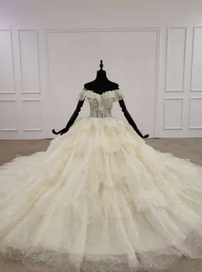 Exquisite Champagne Ball Gown Tulle Sequins Off the Shoulder Appliques Wedding Dress