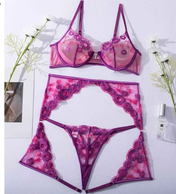 Exquisite Embroidery Lingerie Trio Set