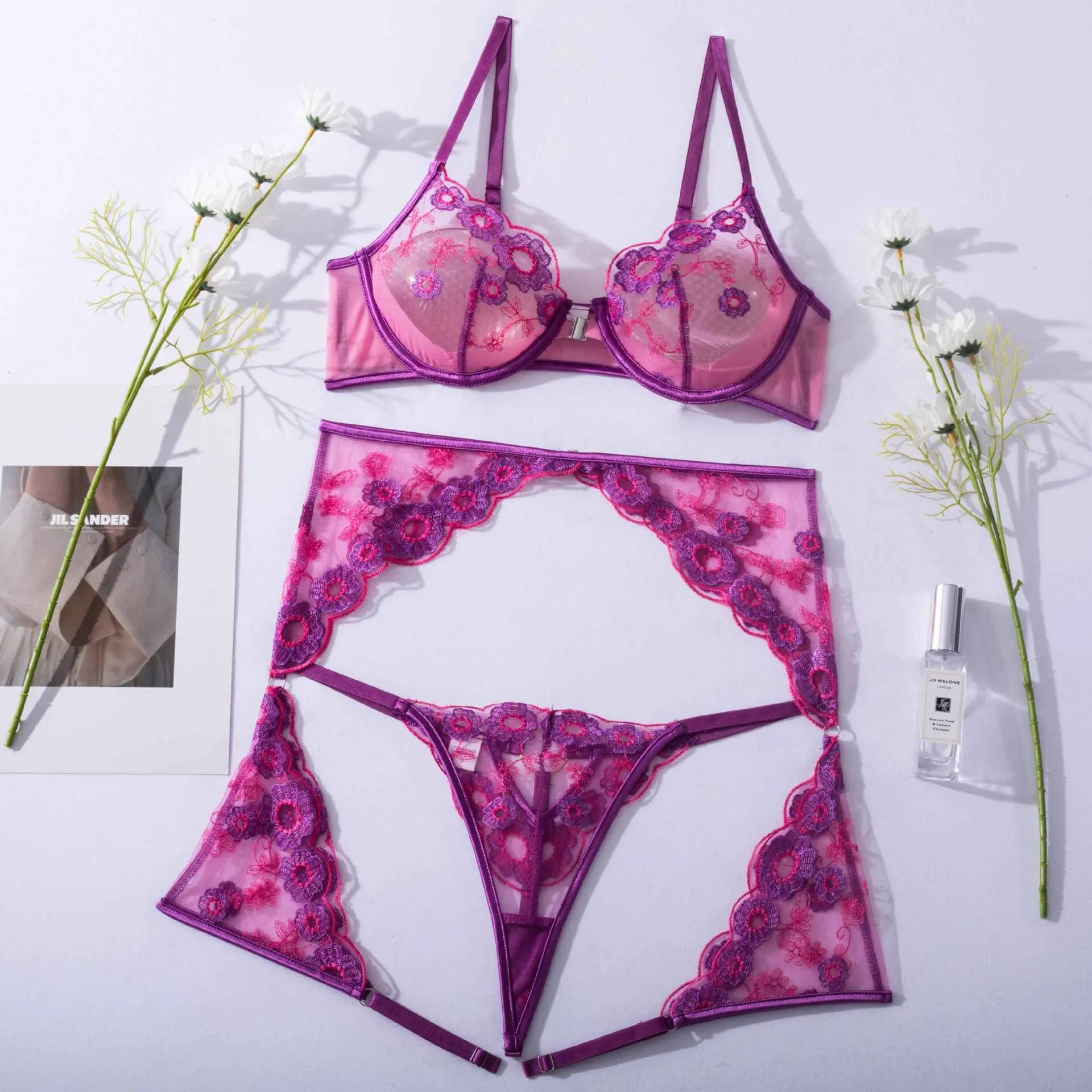 Exquisite Embroidery Lingerie Trio Set